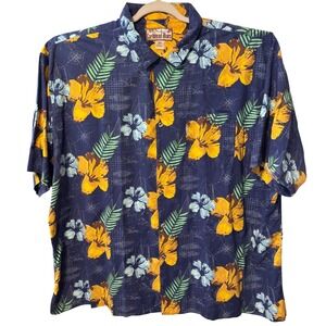 Caribbean Blues Button Down Men 4X Navy Blue Excellent Tropical‎ Hibiscus Cotton